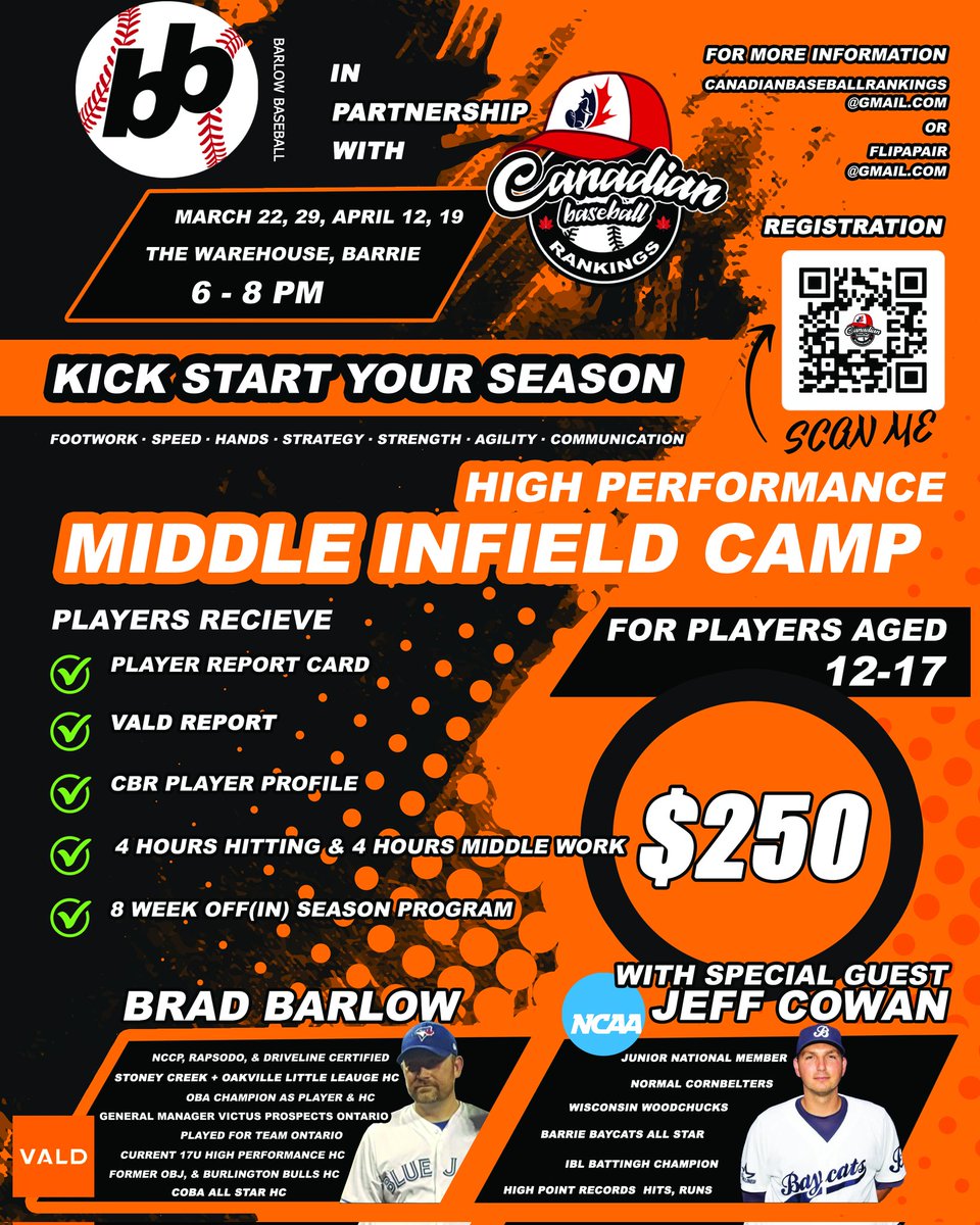 Brad Barlow (@abarlibarlow) on Twitter photo 🚨 Middle infield camp announcement 🚨
4 - 2 hour sessions focused on middle infield work + hitting. In partnership with CBR.
Great camp to get ready for the season!
Sign up now! Spots are limited.
<a href="/HPBarrieBaycats/">HP Barrie Baycats</a> <a href="/barriebaseball/">Barrie Minor Baseball Association</a> #elte
canadianbaseballrankings.com/register/2025-… 🚨 Middle infield camp announcement 🚨
4 - 2 hour sessions focused on middle infield work + hitting. In partnership with CBR.
Great camp to get ready for the season!
Sign up now! Spots are limited.
<a href="/HPBarrieBaycats/">HP Barrie Baycats</a> <a href="/barriebaseball/">Barrie Minor Baseball Association</a> #elte
canadianbaseballrankings.com/register/2025-…