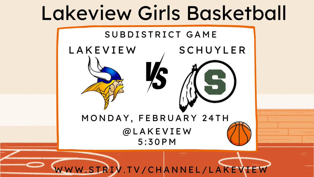 It’s post season basketball time! The Lady Vikings are set to host Schuyler in  round 1 of Sub District play. You can catch the action on our <a href="/Lakeviewhigh/">Lakeview High School</a> Striv TV channel along with our Lakeview Hudl Fan page. Links are below. striv.tv/channel/lakevi… 
fan.hudl.com/usa/ne/columbu…