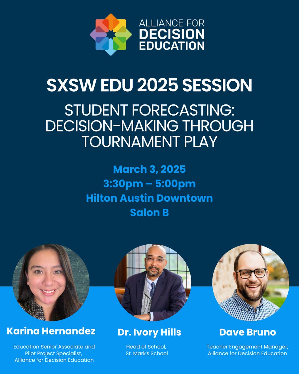 Alliance for Decision Education (@alldecisioned) on Twitter photo Calling all #SXSW EDU 2025 attendees! 📣 What does forecasting have to do with decision-making? Check out our session on March 3 to learn how forecasting can help students be better decision makers—and even try out forecasting for yourself! <a href="/SXSWEDU/">SXSW EDU</a>
schedule.sxswedu.com/2025/events/PP… Calling all #SXSW EDU 2025 attendees! 📣 What does forecasting have to do with decision-making? Check out our session on March 3 to learn how forecasting can help students be better decision makers—and even try out forecasting for yourself! <a href="/SXSWEDU/">SXSW EDU</a>
schedule.sxswedu.com/2025/events/PP…