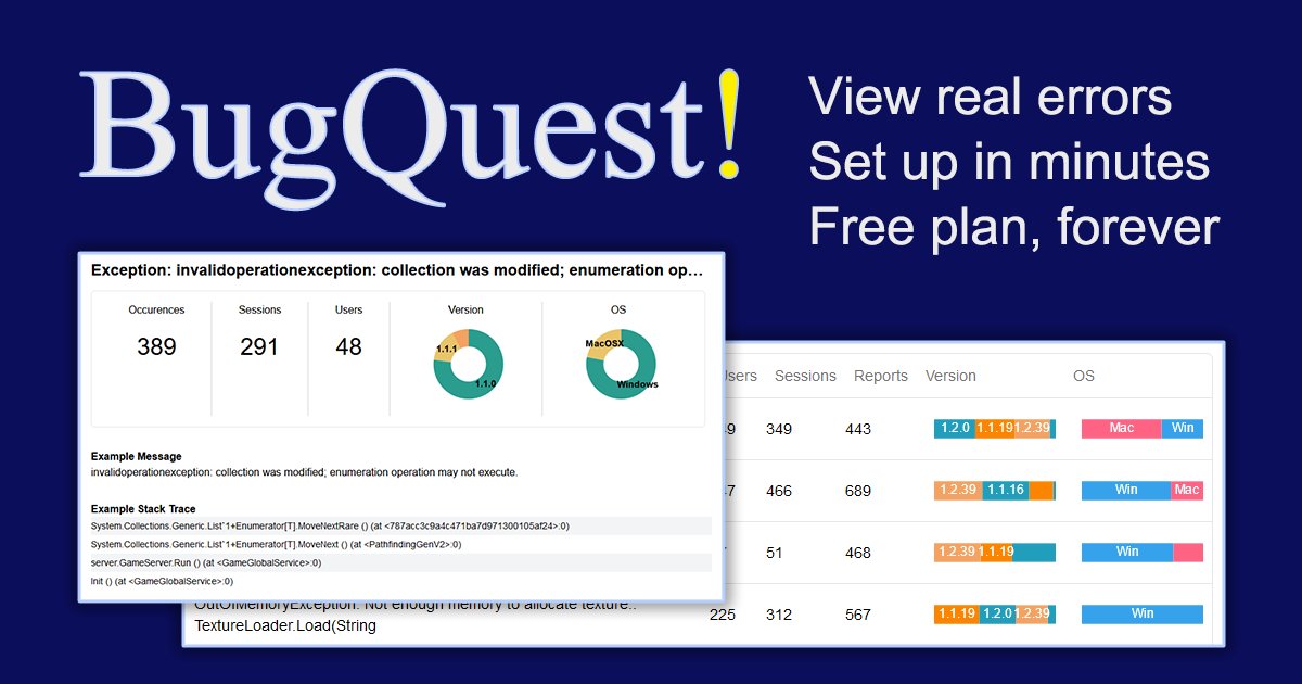 BugQuest (@bugquestgg) on Twitter photo BugQuest public beta is live! 🚀 Unity devs, track bugs your players spot but you don’t—free plan, always free, no payment info needed, integrates in minutes! 🐞⏱️ bugquest.gg #gamedev #unity3d #indiedev BugQuest public beta is live! 🚀 Unity devs, track bugs your players spot but you don’t—free plan, always free, no payment info needed, integrates in minutes! 🐞⏱️ bugquest.gg #gamedev #unity3d #indiedev
