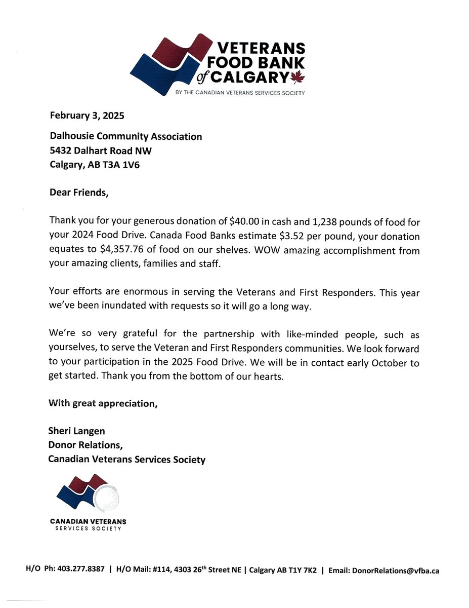 The Annual Veterans Food Bank Drive at the DCA was a success! In November and December 2024, the Dalhousie Community Association received 1,238 pounds of food and $40 in cash, equaling $4,357.76 worth of food. 

Your support continues to make a meaningful impact on many lives.