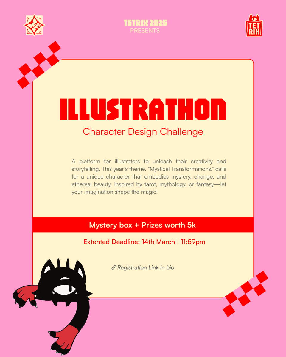 tetrix_design's tweet photo. TETRIX 2025 – The Ultimate Design Battles Are Here! 🎨🔥

Get ready to compete, create, and conquer! TETRIX is bringing you three electrifying competitions designed to push your creativity to the limits. Whether you're a branding expert, an illustration master, or a Photoshop wizard, there’s a challenge waiting for you!

📝 Online Submission Deadline: March 14, 2025

Don’t miss the opportunity to compete with India’s top designers, win incredible prizes, and gain industry recognition! 🚀

🔗 Register now: https://t.co/ZvyLrEhpiV

#Design #Designindia #Designathon #Illustration #BrandDesign #Photomanipulation