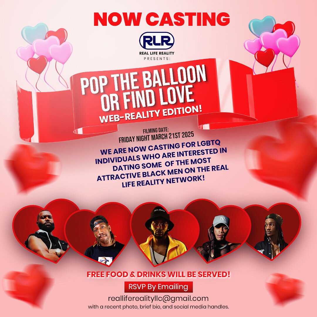 realliferealtv's tweet photo. 🚨NOW CASTING🚨🚨NOW CASTING🚨

♦️Are You Ready To Pop Your 🎈 Or Find ❤️?

♦️Apply NOW: realliferealityllc@gmail.com

♦️Filming Date: Friday Night | March 21st 2025. 

#poptheballoon #findlove #webreality #castingcall #applynow #reallifereality #blacklgbt #black https://t.co/168HqT6eZR