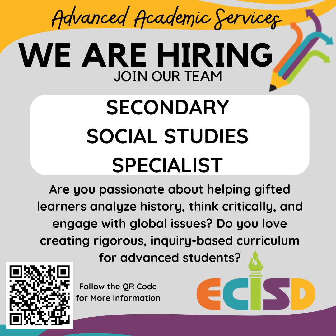 ECISD Advanced Academic Services (@aas_ecisd) on Twitter photo Passionate about gifted education & social studies?
We’re hiring an Advanced Academic Services Social Studies Specialist!
Apply now! ectorcountyisd.schoolspring.com/?jobid=5001141
<a href="/vesely_kristenn/">Dr. Kristen N. Vesely</a> <a href="/Parlay13/">Heath anderson</a> Passionate about gifted education & social studies?
We’re hiring an Advanced Academic Services Social Studies Specialist!
Apply now! ectorcountyisd.schoolspring.com/?jobid=5001141
<a href="/vesely_kristenn/">Dr. Kristen N. Vesely</a> <a href="/Parlay13/">Heath anderson</a>