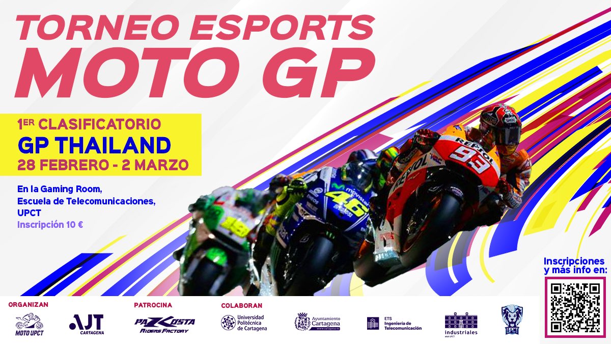Presentamos el #TorneoMotoGP junto con el <a href="/MotoUPCT/">MotoUPCT</a>!! 22 clasificatorios, una gran final y la oportunidad de vivir una experiencia única en el #GPValencia. No te lo puedes perder! Clasificatorios en la Gaming Room

- Martes 16:00-19:00
- Miércoles 17:00-19:00
- Jueves 13:00-14:00