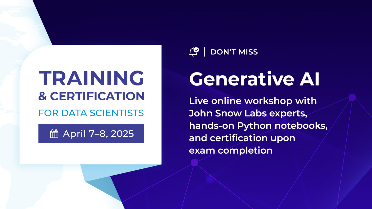 JohnSnowLabs's tweet image. Don’t’ miss Applied #GenerativeAI for Data Scientists training on April 7 - April 8, 2025. 
Register now: hubs.li/Q037Tcy60 
#GenerativeAI #AIForDataScience #Python #NoCodeAI #HealthcareAI #MachineLearning #AIWorkshop #JohnSnowLabs #NLP #LLM #ArtificialIntelligence