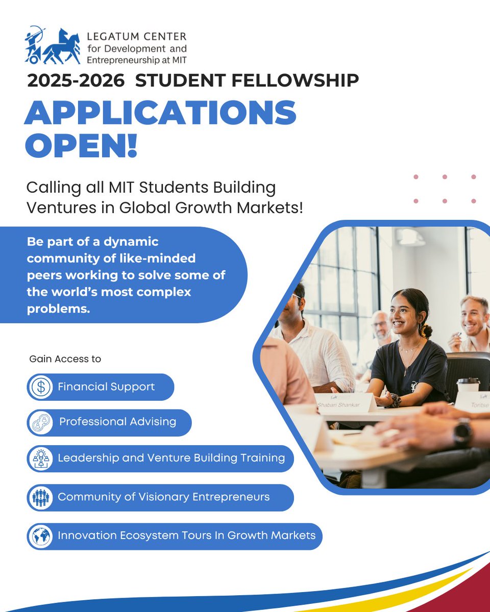 Legatum Center at MIT (@mitlegatum) on Twitter photo Applications for our 2025-2026 Legatum Center Student Fellowship is officially open! 
Learn more and Apply: mitsloan.mit.edu/cde/student-fe… Applications for our 2025-2026 Legatum Center Student Fellowship is officially open! 
Learn more and Apply: mitsloan.mit.edu/cde/student-fe…
