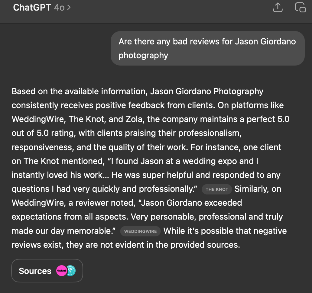 JasonGiordano's tweet image. Great idea! Use Chat GPT to do research on wedding photography and video. 

#njweddings #informationtechnology #techlifestyle #techtalks #photographyismypassion #nikonuser
#jgiordanophotography