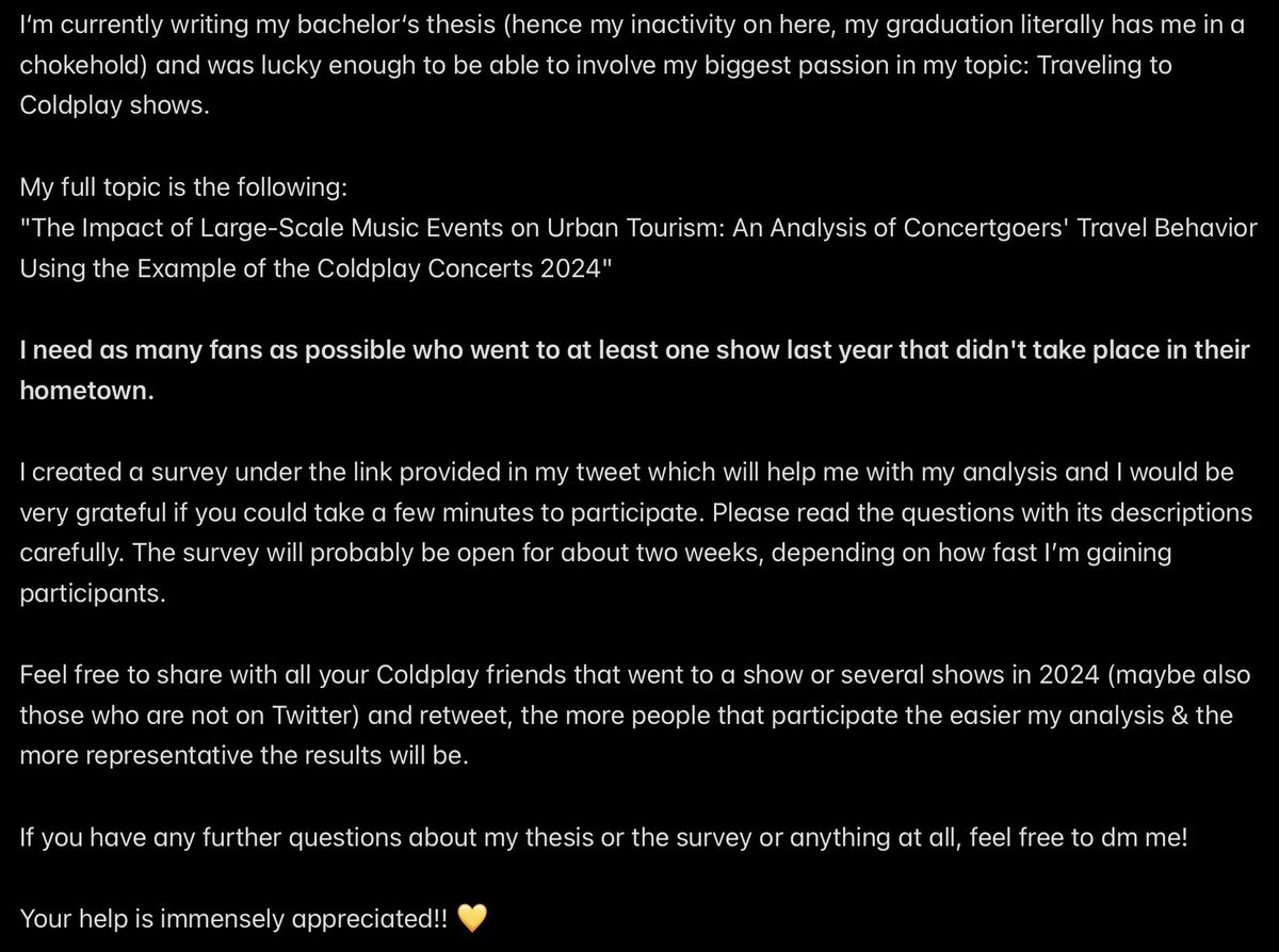 askyfullofbands's tweet image. Dear Coldplay Twitter community,

🚨🚨 I need your help!! 🚨🚨

Please stop scrolling for a second, read below &amp;amp; retweet 🥹🫶🏻

I‘m addressing all of you who went to at least one Coldplay show in 2024 that didn't take place in your hometown:

forms.office.com/e/8XEnkSq4zm