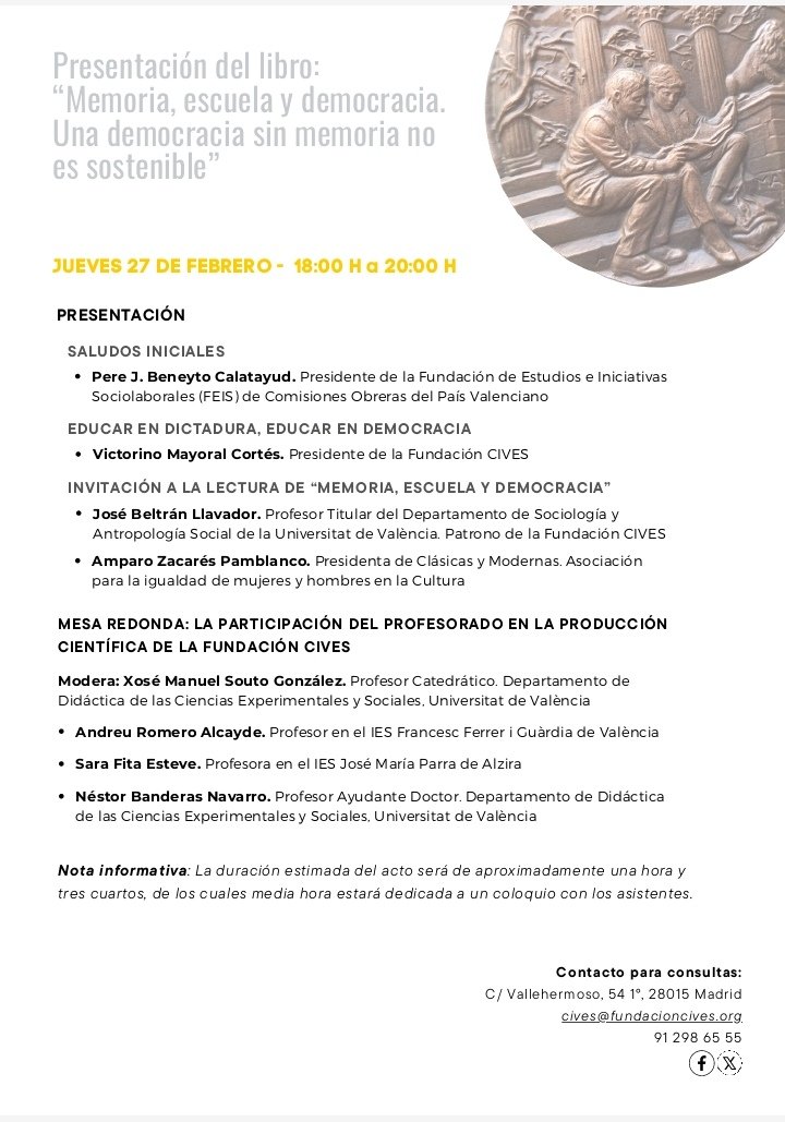 Presentació del llibre "Memoria,escuela y democracia. Una democracia sin memoria no es sostenible". Ens veiem dijous a CCOO València! 👩🏻‍🏫