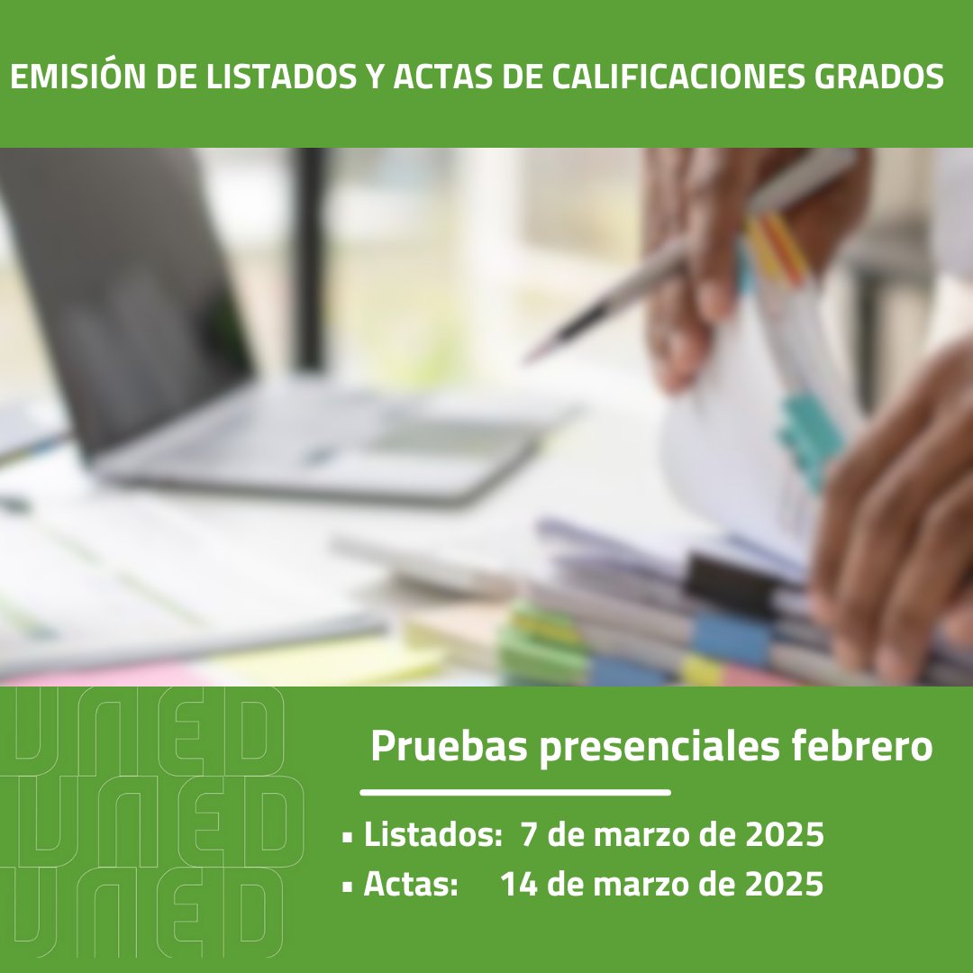 ¡Fechas listados y actas! 🤓

¡Ya queda menos para conocer los resultados! 😃
Los plazos establecidos para la emisión de listados y actas de las primeras pruebas presenciales:

✅ Entrega de listados: 7 de marzo 
✅ Entrega de actas: 14 de marzo

#EstudiaEnLaUNED