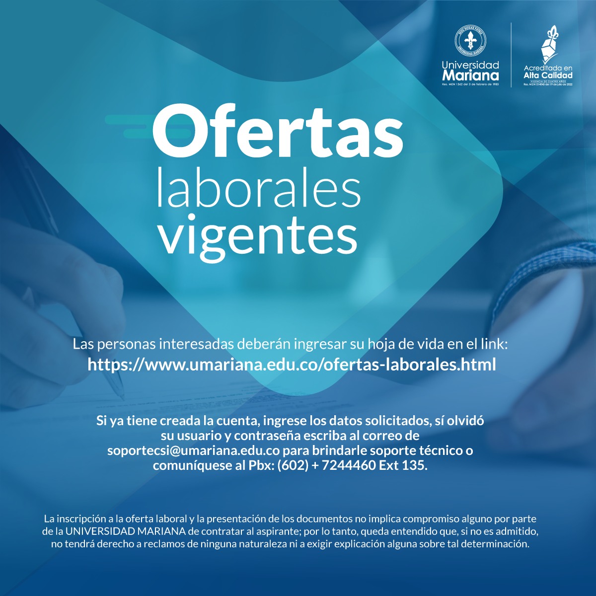 #PasaLaVoz #TrabajoSiHay

Conoce nuestras ofertas laborales para #profesor universitario en los programas de #Derecho #TerapiaOcupacional #AdministracionDeNegocios 

📢Inscribe tu hoja de vida aquí serviap2010.umariana.edu.co/HojaVida/ppal.…