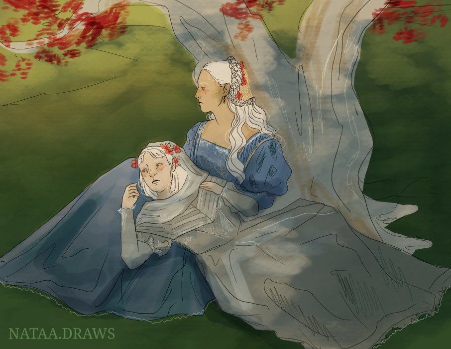 asoiafpalestine's tweet photo. Our hundredth-and-twenty-sixth artwork is…       
Helaena and an OC, Trystane Strong
#asoiaf #hotd https://t.co/bl4bCBxeNF