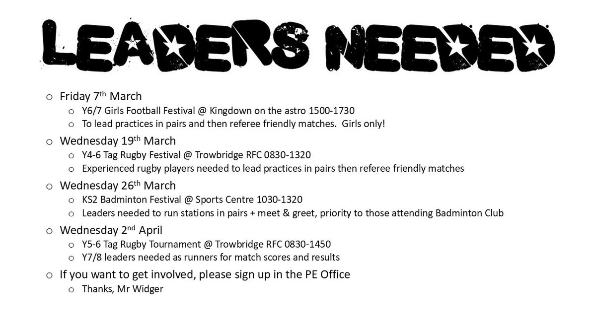 Speak to Mr Widger <a href="/wwsgo/">West Wilts SGO</a> to get involved! Great opportunities