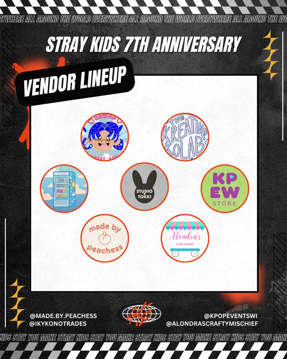 Here are the vendors for our Stray Kids’ 7th Anniversary event 🏎️  We’ve got some super talented Stay joining us 🥵

Vendors will be present at different event days - see below for exact dates!

Cupsleeve design dropping next week 👀