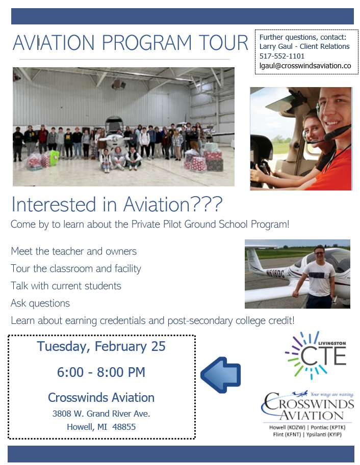 Tuesday, February 25th!
Livingston County 10th and 11th grade students and families...come out to visit the CTE Aviation Program tour! #crosswinds #LESA #Howell #Brighton #Fowlerville #Hartland #Howell #Pinckney