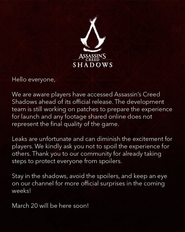 Assassin's Creed Shadows | Após vazamento, Ubisoft faz pronunciamento oficial