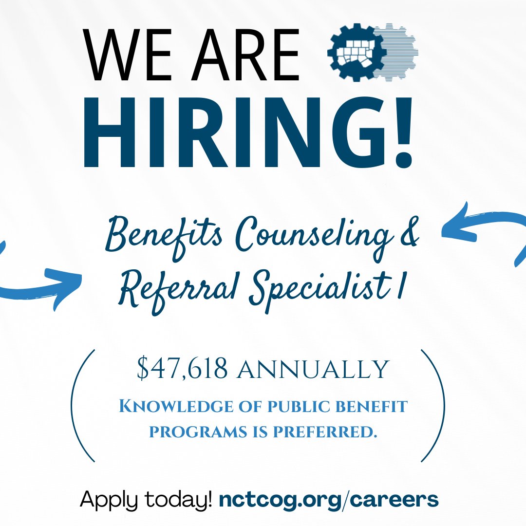 🌟We're hiring a Benefits Counseling &amp; Referral Specialist to provide information, referrals, and assistance to callers seeking services and support through our Aging and Disability Resource Center.
Apply Today: nctcog.hua.hrsmart.com/hr/ats/Posting…
#Counseling #Community #PublicService