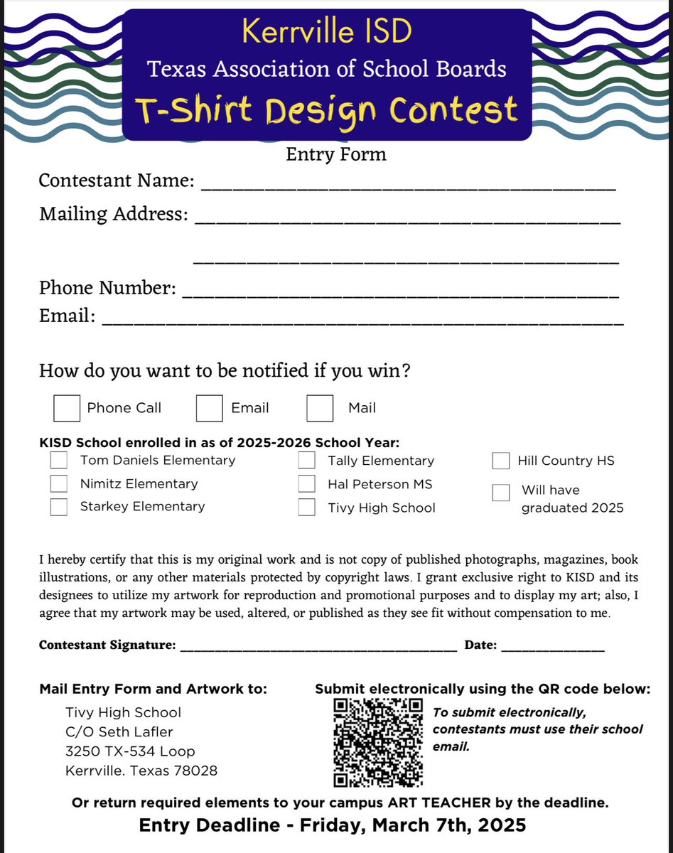 Calling All Kerrville ISD Artists - Kindergarten to 12th Grade!

Design the t-shirt to be worn during KISD’s performance at the Texas Association of School Board’s TxEdCON 2025 this September in Houston.

Please see the flyer for details.

#TFND #KISDinspires