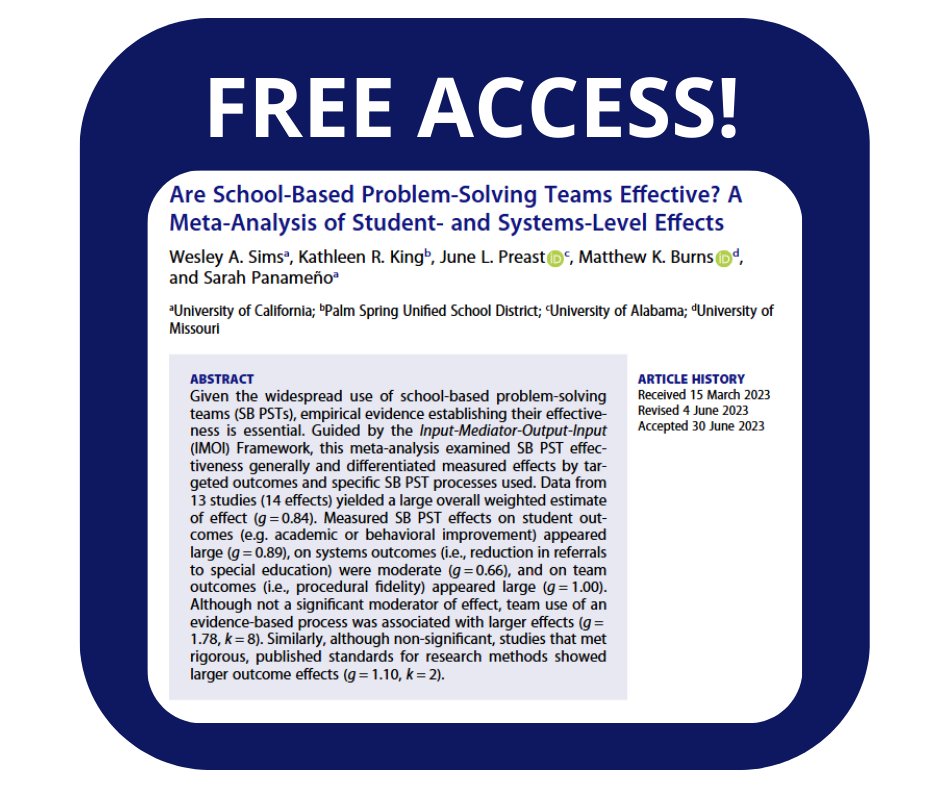Last week at the NASP Convention, the Article of the Year was announed.

The winner is 'Are School-Based Problem-Solving Teams Effective? A Meta-Analysis of Student- and System-Level Effects' by Sims, King, Preast, Burns, and Panameño.

Read here FOR FREE: doi.org/10.1080/104744…