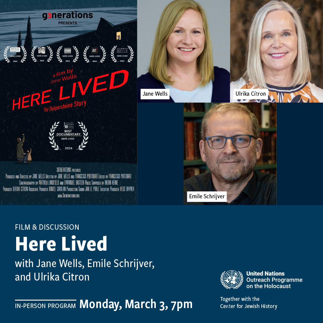 Film screening and discussion “Here Lived: The Stolpersteine Story” on 3 March at 7pm in NYC.

Tracing the story of the Stolpersteine (stumbling stones), the film focuses on generational trauma caused by the Nazis and their racist collaborators.

Register: shorturl.at/NkVom
