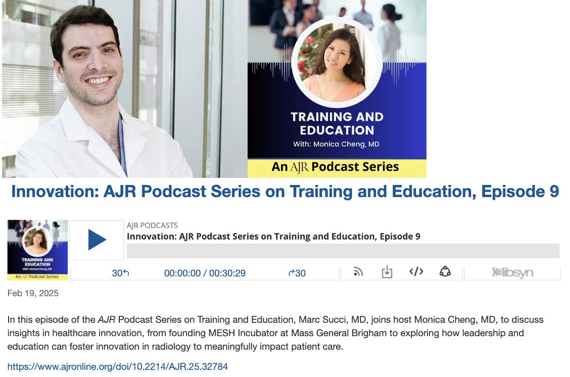 Monica Cheng, MD (@monicacheng_) on Twitter photo šš” New <a href="/AJR_Radiology/">AJR</a> Training & Education Series Podcast Episode!
Ft. <a href="/MarcSucciMD/">Marc Succi, MD</a>, on driving healthcare innovation in radiology & education as founder of <a href="/meshincubator/">MESH Incubator⢠at Mass General Brigham</a> <a href="/MassGenBrigham/">Mass General Brigham</a>
š: ajronline.libsyn.com/innovation-ajrā¦
š§: open.spotify.com/episode/2u9czdā¦
š: podcasts.apple.com/us/podcast/ajrā¦ šš” New <a href="/AJR_Radiology/">AJR</a> Training & Education Series Podcast Episode!
Ft. <a href="/MarcSucciMD/">Marc Succi, MD</a>, on driving healthcare innovation in radiology & education as founder of <a href="/meshincubator/">MESH Incubator⢠at Mass General Brigham</a> <a href="/MassGenBrigham/">Mass General Brigham</a>
š: ajronline.libsyn.com/innovation-ajrā¦
š§: open.spotify.com/episode/2u9czdā¦
š: podcasts.apple.com/us/podcast/ajrā¦