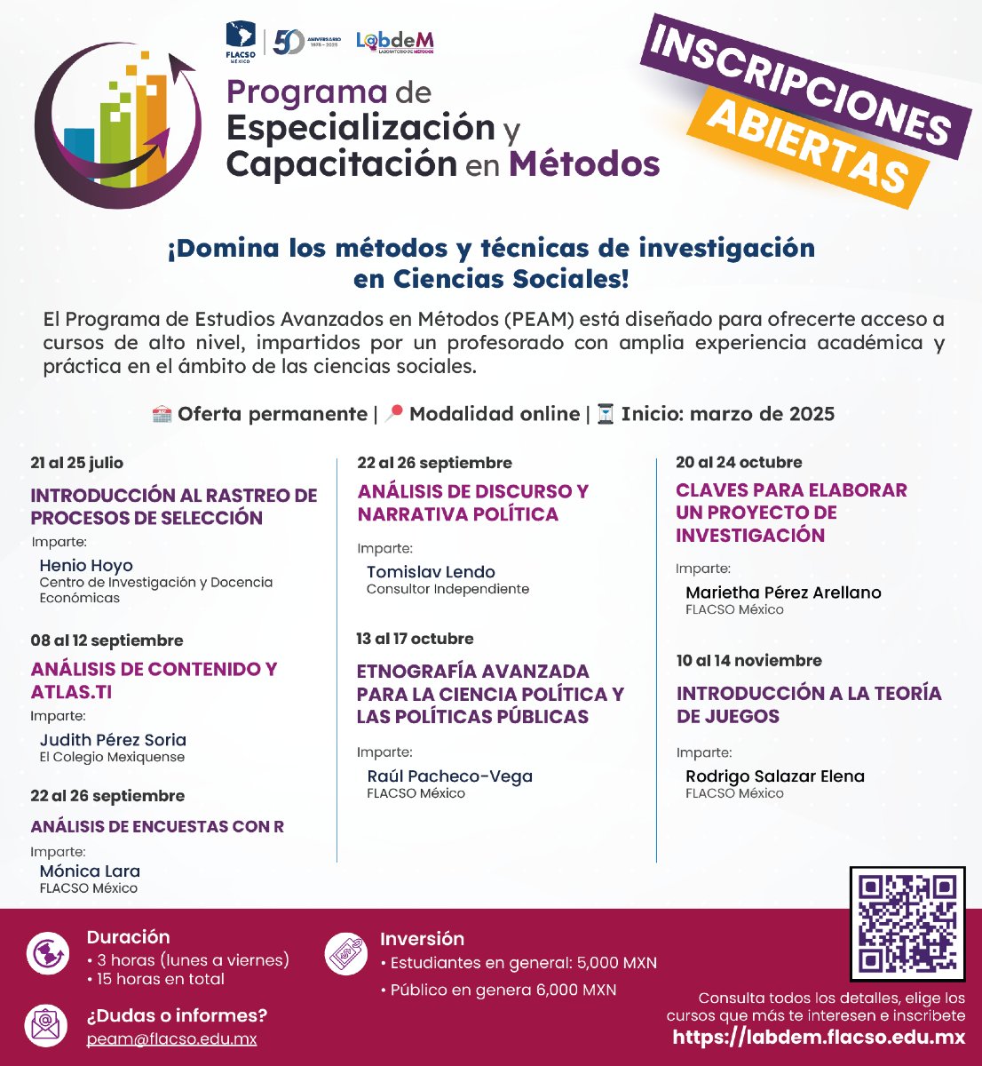 FlacsoMx's tweet image. 📢 ¡Inscripciones abiertas!

El Programa de Estudios Avanzados en Métodos (PEAM) del Laboratorio de Métodos (#LabdeM) de #FLACSOMéxico te ofrece cursos especializados en métodos y técnicas de investigación en ciencias sociales.

📚 Explora nuestra oferta académica y elige los…