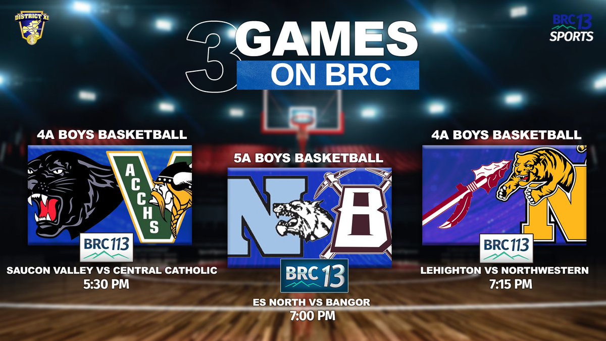 BRC13 Sports (@brc13sports) on Twitter photo DXI Semifinals Basketball on BRC: 📺
Saucon Valley vs Central Catholic - 5:30PM (BRC113)
ES North vs Bangor - 7:00PM (BRC13)
Lehighton vs Northwestern Lehigh - (Boys) 7:15PM (BRC113)
<a href="/SauconBball/">Saucon Valley Boys Basketball</a> <a href="/ACCHS_Athletics/">ACCHS Athletics</a> <a href="/ESASDNORTHATH/">ESASD-NORTHATHLETICS</a> <a href="/SlaterHoops/">Bangor Basketball</a> <a href="/LASD_Basketball/">Lehighton Basketball 🏀</a> <a href="/NDubBoysHoops/">Northwestern Lehigh Boys Basketball</a> DXI Semifinals Basketball on BRC: 📺
Saucon Valley vs Central Catholic - 5:30PM (BRC113)
ES North vs Bangor - 7:00PM (BRC13)
Lehighton vs Northwestern Lehigh - (Boys) 7:15PM (BRC113)
<a href="/SauconBball/">Saucon Valley Boys Basketball</a> <a href="/ACCHS_Athletics/">ACCHS Athletics</a> <a href="/ESASDNORTHATH/">ESASD-NORTHATHLETICS</a> <a href="/SlaterHoops/">Bangor Basketball</a> <a href="/LASD_Basketball/">Lehighton Basketball 🏀</a> <a href="/NDubBoysHoops/">Northwestern Lehigh Boys Basketball</a>