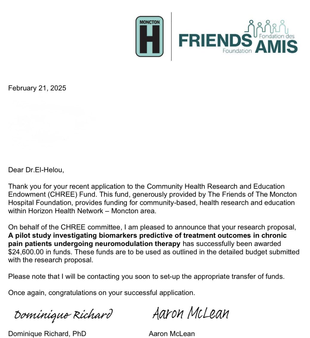 Great start of the week with some research funds secured for neuromodulation radiological markers for pain! 

Thanks for The Friends of The Moncton Hospital Foundation