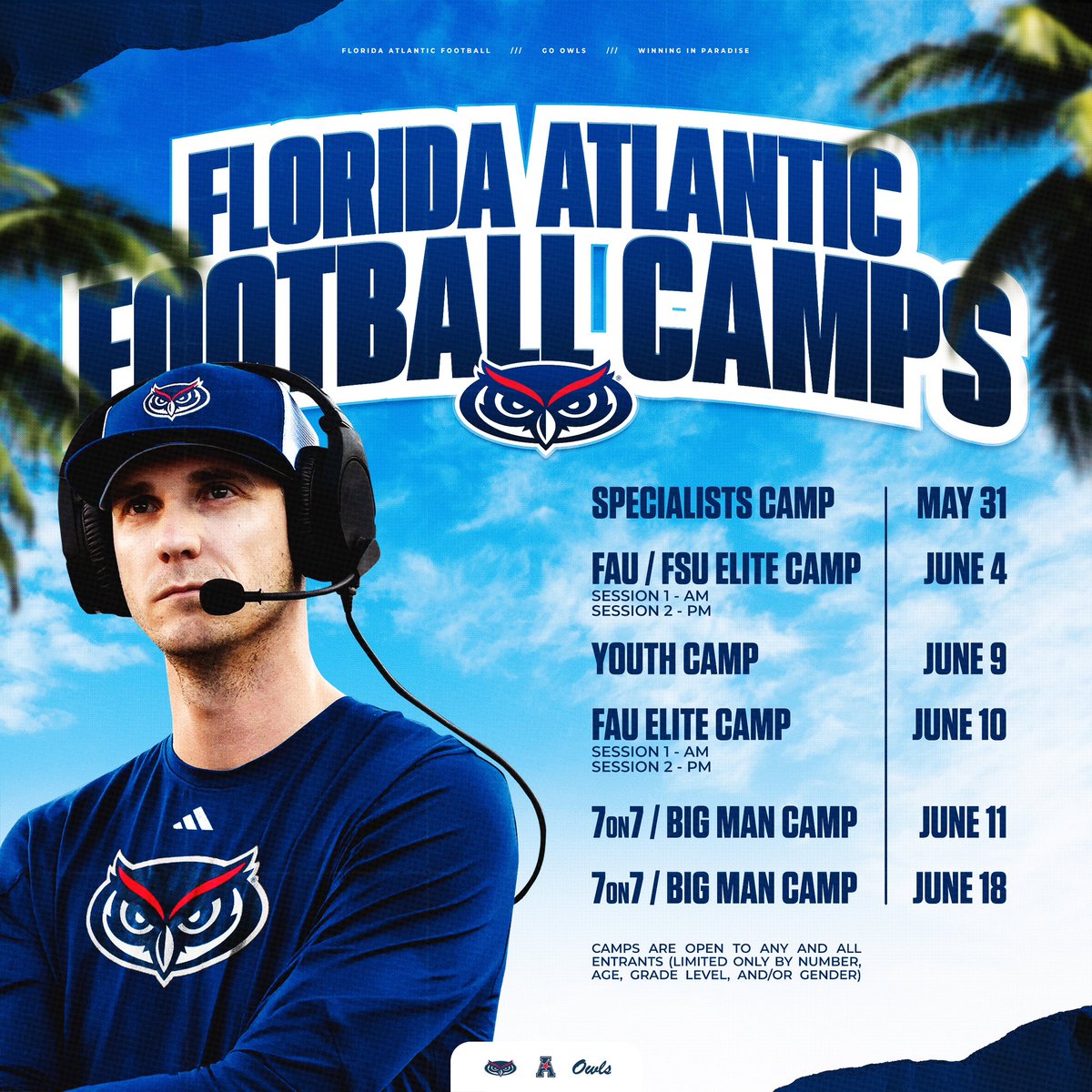 Our camp site is LIVE!🏝️

Reserve your spot now and we’ll see you soon!👏

LINK⬇️
floridaatlanticfootballcamps.com/camps.cfm