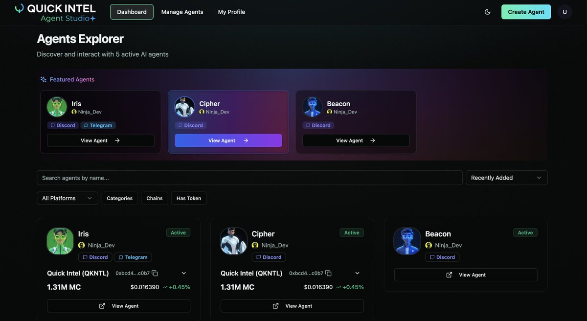 Welcome to the Dashboard view on Quick Intel's AgentStudio. 😎

Create an agent in less than 5 MINUTES. No code.

Don't know where to start? We have templates for that.

Or you can generate one using AI.

If you have an idea, you can make it come to life. Just ideas, execution,