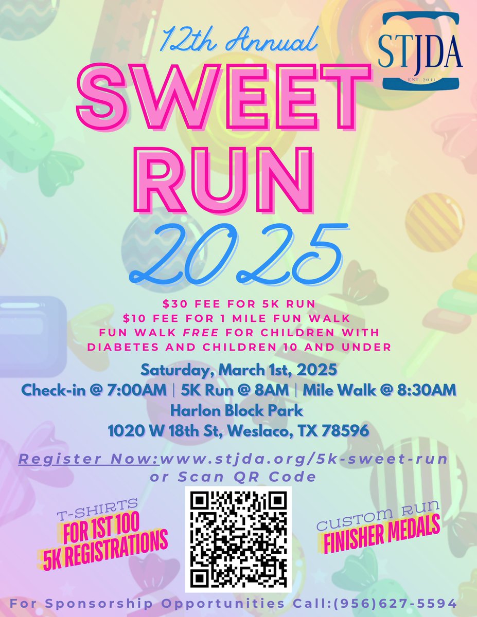 WeslacoISD's tweet image. Mark your calendars for the 12th annual Sweet Run! 🍬 Join us this Saturday, March 1st for a day of fun and fitness 🏃‍♂️ Choose between a 5k run or a 1 mile fun walk. Don't miss out on this sweet event! 🎉 #SweetRun #FunFitness