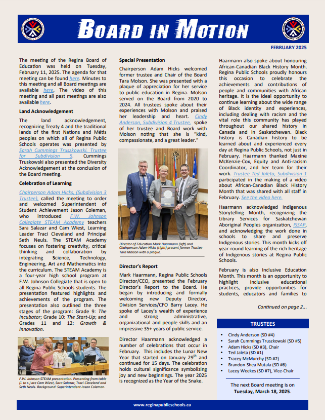 RegPublicSchool's tweet photo. The third issue of Board In Motion is now available. Read all about Regina Board of Education meetings and activities. Follow the link to the newsletter; there you will find more informative and illustrative links.
Note this publication is two pages!
https://t.co/EPpA86NYtl https://t.co/BN6hRRIPoh