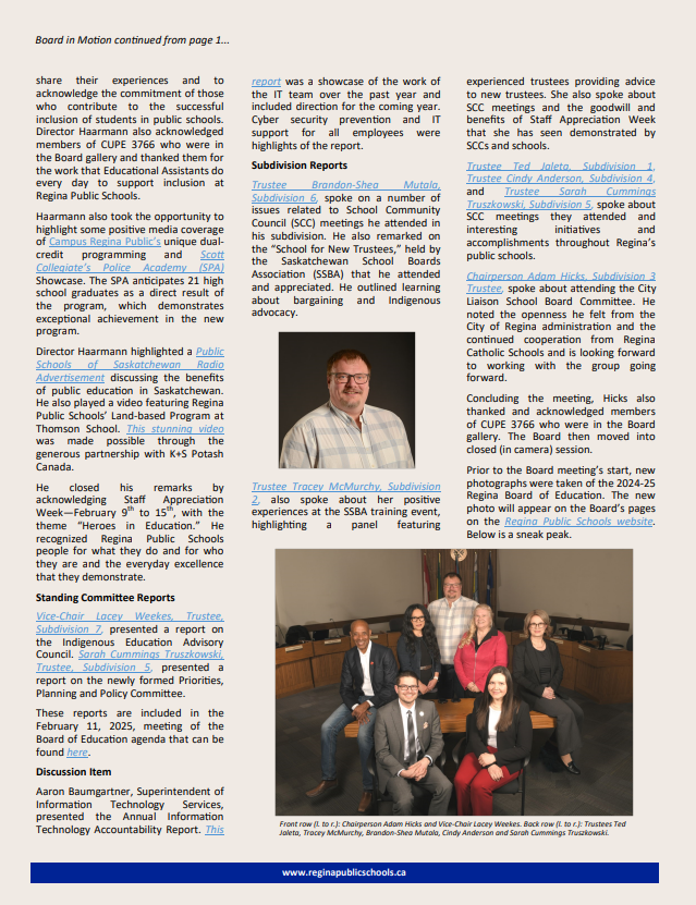 RegPublicSchool's tweet photo. The third issue of Board In Motion is now available. Read all about Regina Board of Education meetings and activities. Follow the link to the newsletter; there you will find more informative and illustrative links.
Note this publication is two pages!
https://t.co/EPpA86NYtl https://t.co/BN6hRRIPoh