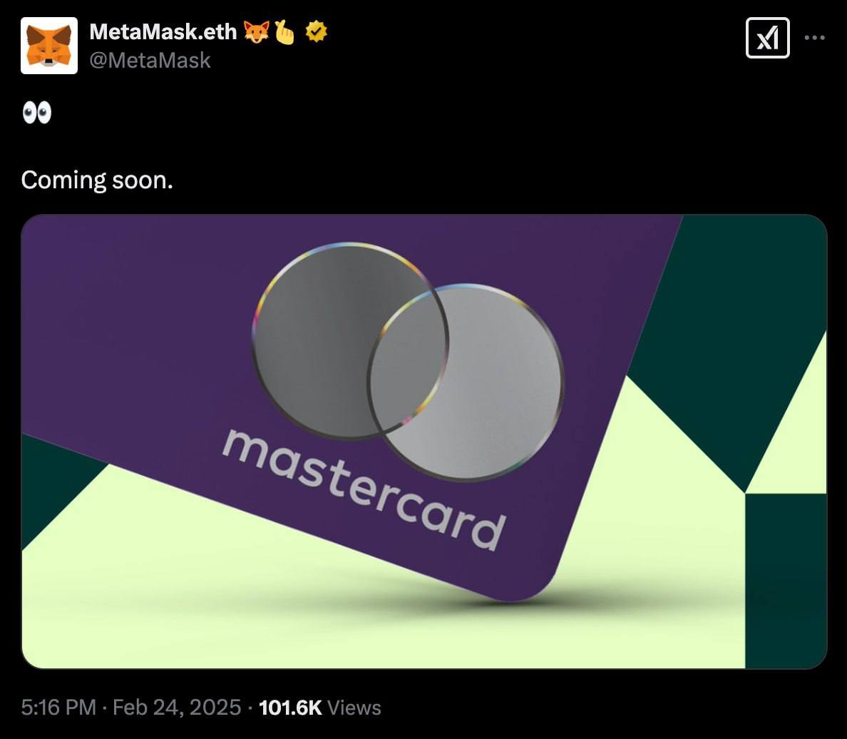 Cointelegraph's tweet photo. 🔥 NEW: Metamask hints at a partnership with Mastercard. https://t.co/x7w56WCT1Q