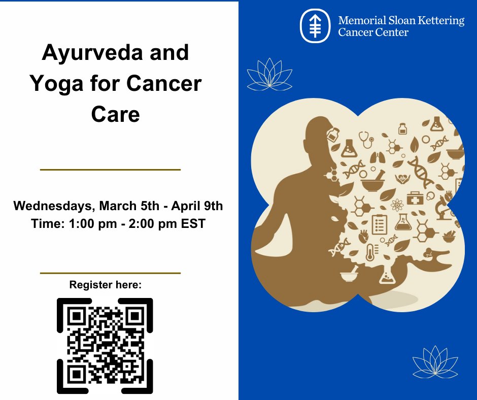 🌿Join us for Ayurveda and Yoga for Cancer Care!🌿🌿🌿

🗓 Wednesdays, March 5 - April 9
⏰ 1:00 PM - 2:00 PM EST

Learn how Ayurveda &amp; Yoga can support your well-being. Register now! ⬇️

🔗mskcc.org/event/ayurveda…

#CancerCare #Ayurveda #YogaForHealth #MSK #MSKCC