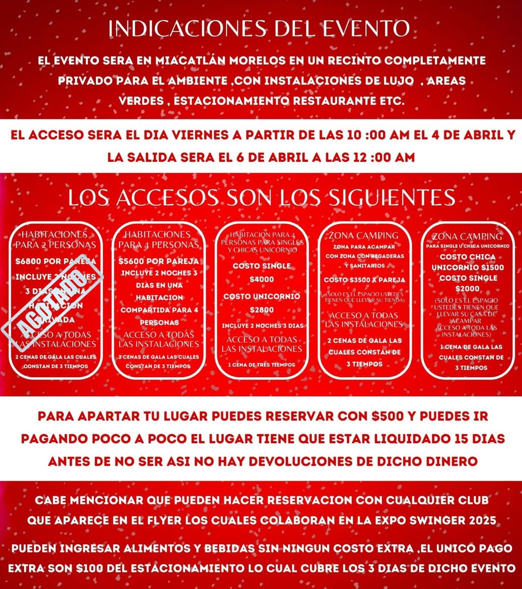 Agradecemos a <a href="/latinswinger024/">Latinswinger(Expo nacional)</a> por permitirnos ser parte de las marcas, clubs y organizadores que participaran en este magno evento de La Segunda Edición de Latin Swinger 2025. Nos vemos este 4, 5 y 6 de abril, no te lo puedes perder!
Informes y venta de accesos por whatsapp al