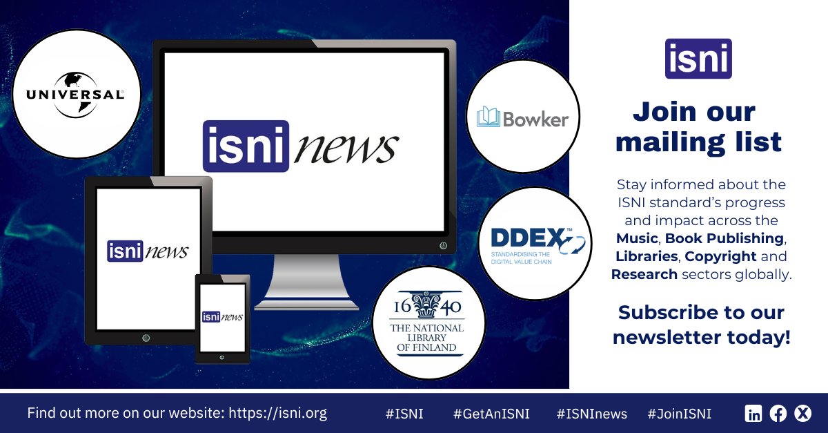 ISNI International Agency (@isni_id) on Twitter photo 🌐 #ISNInews: Key Partnerships Announced in 2025!
Our Feb 2025 edition highlights ISNI’s impact in the #CreativeIndustry with <a href="/UMG/">Universal Music Group</a>, <a href="/DDEXnet/">DDEX</a>, <a href="/Bowker/">Bowker</a>, <a href="/LondonBookFair/">The London Book Fair, 11-13 March 2025</a> & <a href="/NatLibFi/">Kansalliskirjasto</a>.
📩 Get your copy: isni.org/page/isni-news…
#JoinISNI #GetAnISNI #ISNIRAGs #ISNImembers #LBF2025 🌐 #ISNInews: Key Partnerships Announced in 2025!
Our Feb 2025 edition highlights ISNI’s impact in the #CreativeIndustry with <a href="/UMG/">Universal Music Group</a>, <a href="/DDEXnet/">DDEX</a>, <a href="/Bowker/">Bowker</a>, <a href="/LondonBookFair/">The London Book Fair, 11-13 March 2025</a> & <a href="/NatLibFi/">Kansalliskirjasto</a>.
📩 Get your copy: isni.org/page/isni-news…
#JoinISNI #GetAnISNI #ISNIRAGs #ISNImembers #LBF2025