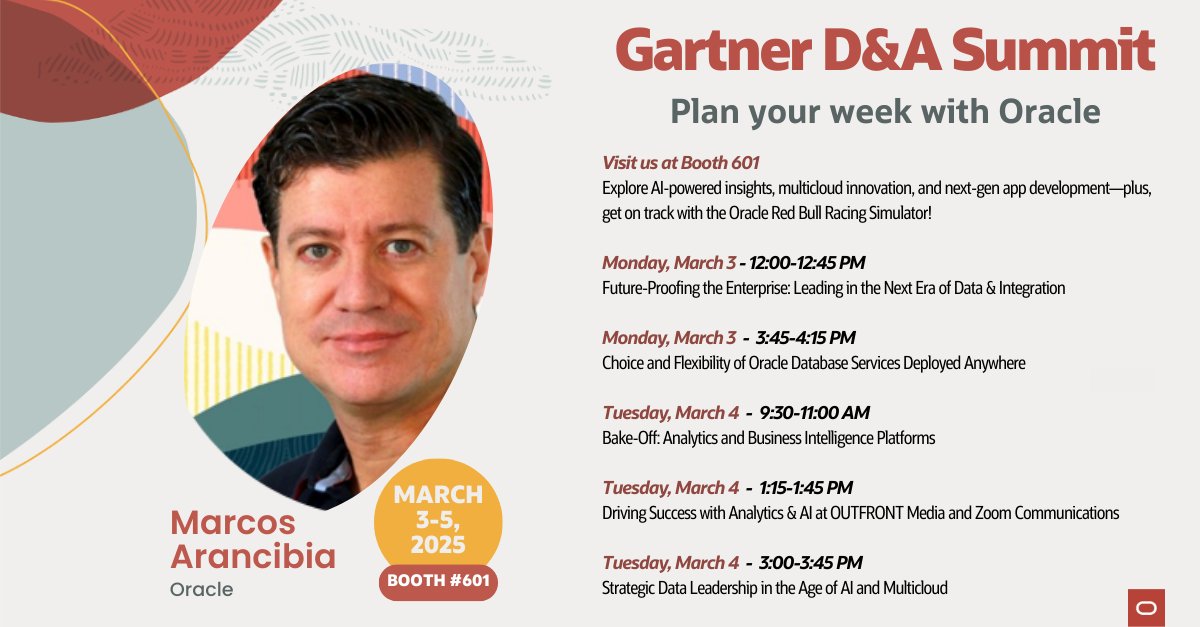 Join me at the Gartner Data &amp; Analytics Summit next week! If you are coming to Orlando, stop by Booth #601 and come learn about the latest innovations of the most advanced Data Platform!
#Oracle #AutonomousDatabase #Database #OCI #AI #GenAI #ML #Graph #selectai #data #gartnerda