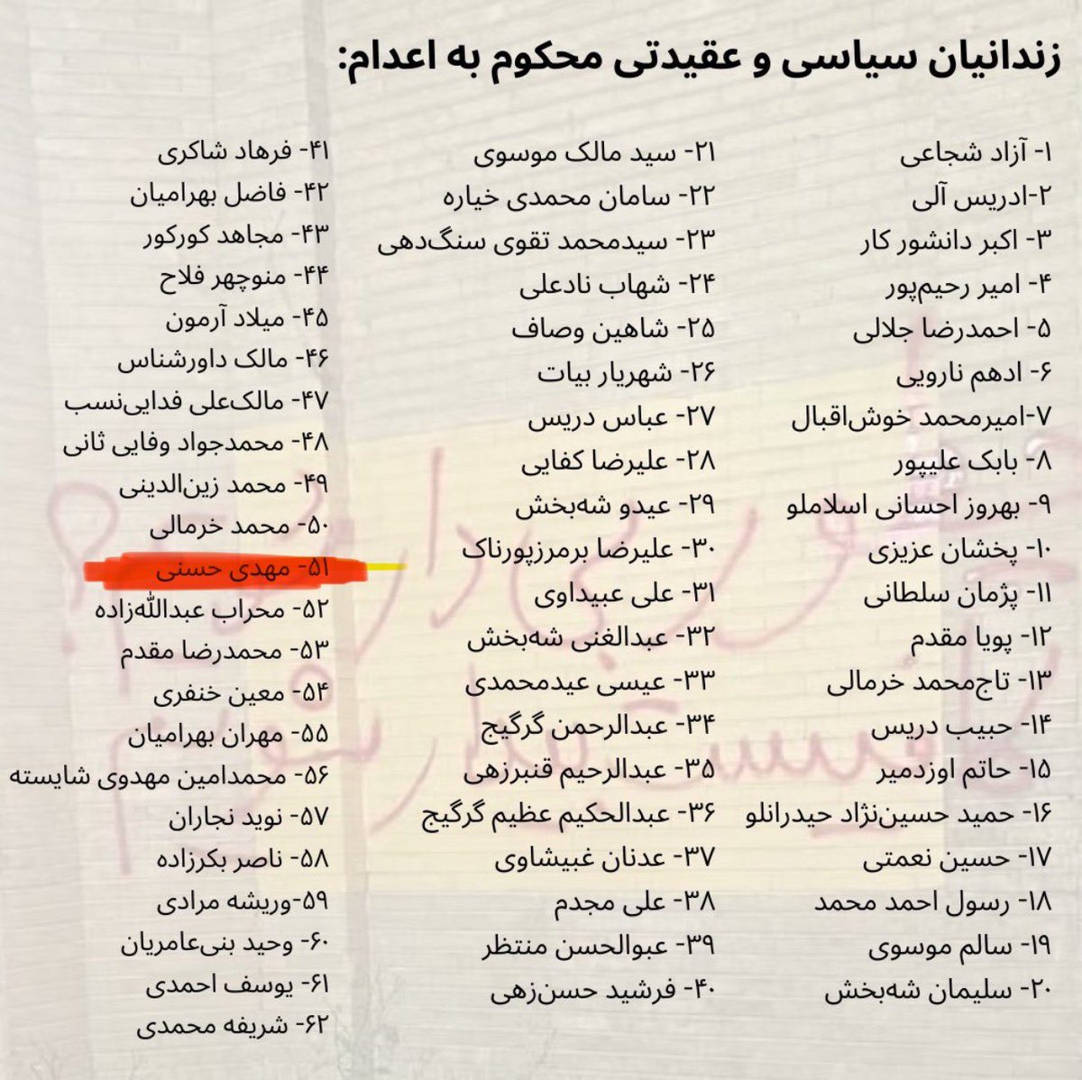 adhd1401's tweet image. یکی از این ۶۲ نفر، #مهدی_حسنی است که اعاده دادرسیش رد شده و احتمال اجرای حکمش بالاست. ..
هیچ کس به جرم بیان عقیده نباید کشته بشه! حق زندانی سیاسی اعدام نیست
#WeProtestExecution