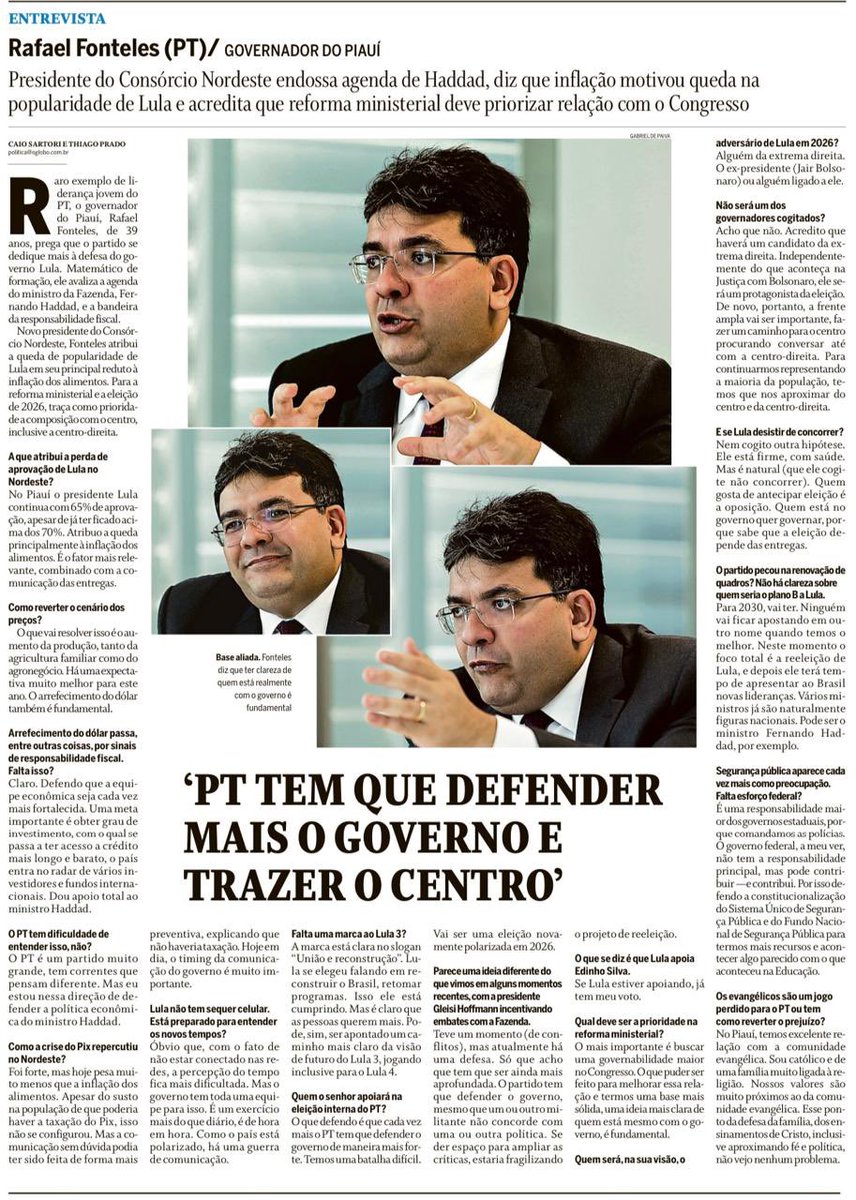 Com certo atraso, compartilho aqui a entrevista do governador do Piauí, Rafael Fonteles, de apenas 39 anos. Achei excelente. Leitura perfeita. Ele é um dos governadores mais bem avaliados do Brasil, senão o melhor – a taxa é de cerca de 70%. Uma esperança de renovação para o PT.