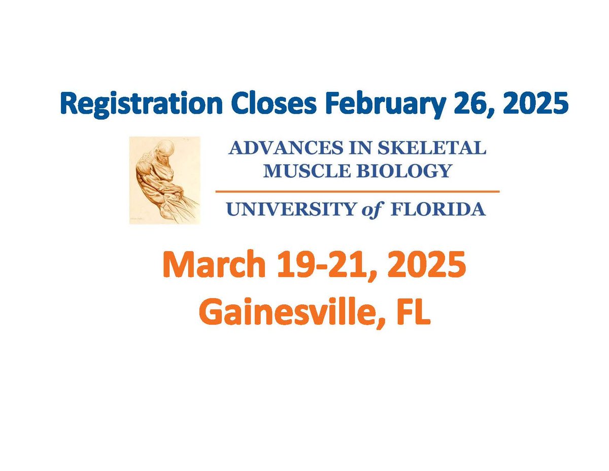 The last days to register for the Advances in Skeletal Muscle Biology conference are here! Registration closes February 26th, all time zones. 

Check out our program online and register today!

myology.institute.ufl.edu/conferences/mu…