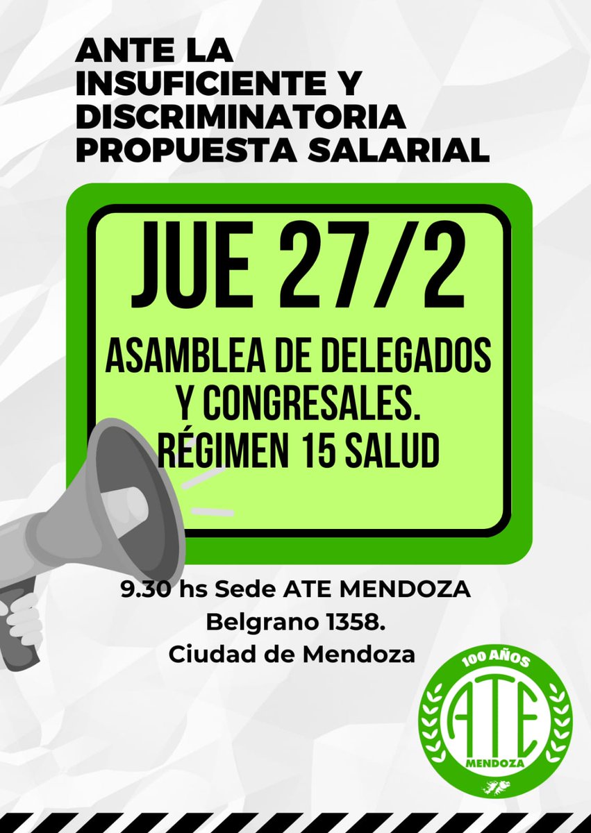 ate_mendoza's tweet photo. ✊ Nos preparamos para la lucha.
El jueves 27 de febrero realizaremos una Asamblea General de Delegados en ATE Mendoza, para decidir las medidas de acción directa a seguir. #sosestatal #somosate https://t.co/91Qo3Qv95s