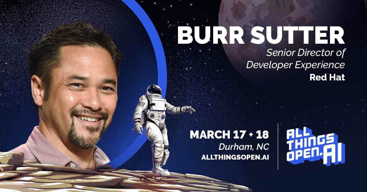 We're thrilled to have Burr Sutter (<a href="/burrsutter/">Burr Sutter</a>), Senior Director of Developer Experience for <a href="/RedHat/">Red Hat</a>, presenting "A Developer’s Adventures in AI Wonderland" at #ATOAI! buff.ly/4gRDELC