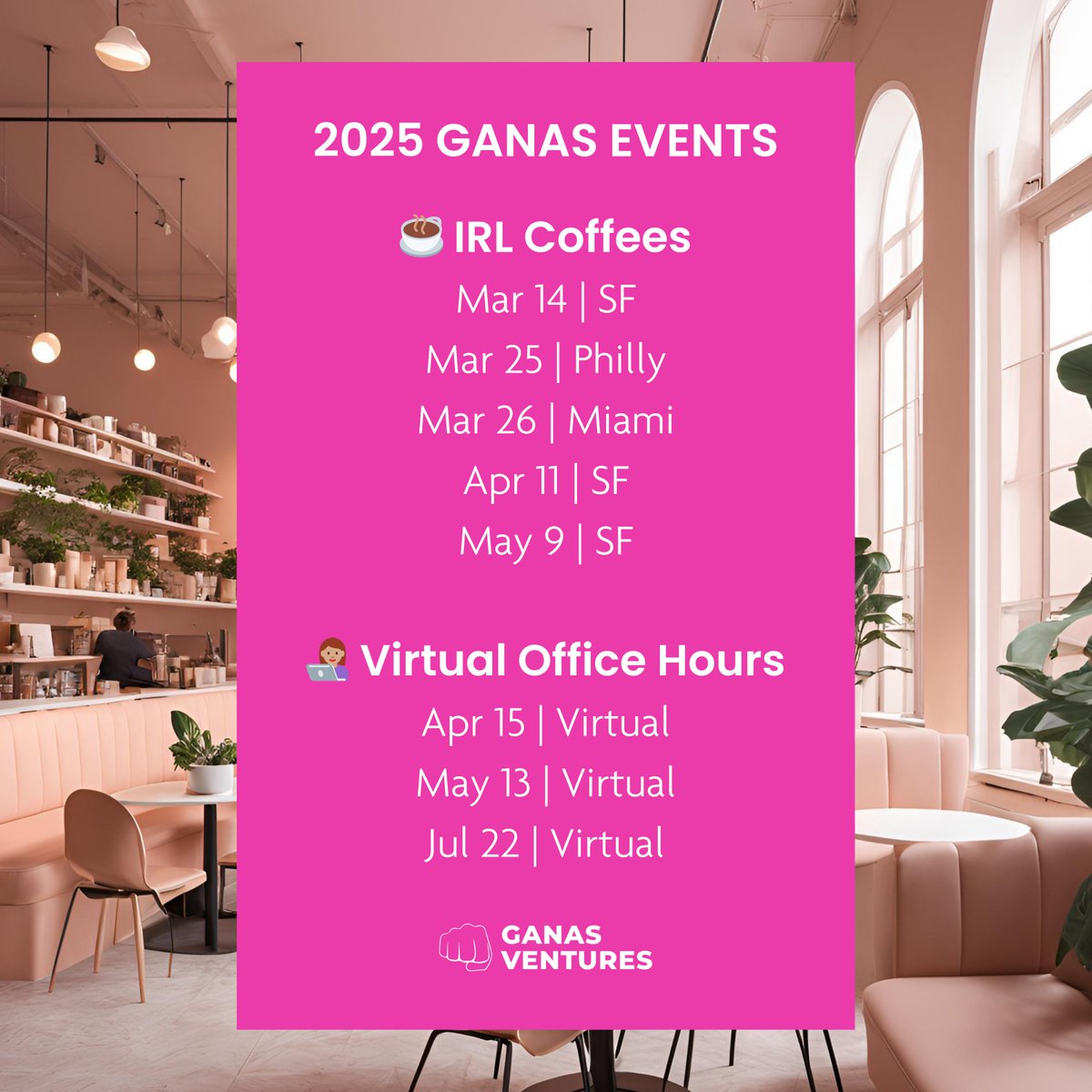 Lolita Taub (@lolitataub) on Twitter photo 🗓️ Founders, investors & friends: join me at our <a href="/ganasvc/">Ganas Ventures</a> coffee and virtual office hour events this year!
🔥 RSVP & subscribe to our calendar to stay in the loop: lu.ma/ganasvc
💰 PS We're actively investing. 🗓️ Founders, investors & friends: join me at our <a href="/ganasvc/">Ganas Ventures</a> coffee and virtual office hour events this year!
🔥 RSVP & subscribe to our calendar to stay in the loop: lu.ma/ganasvc
💰 PS We're actively investing.
