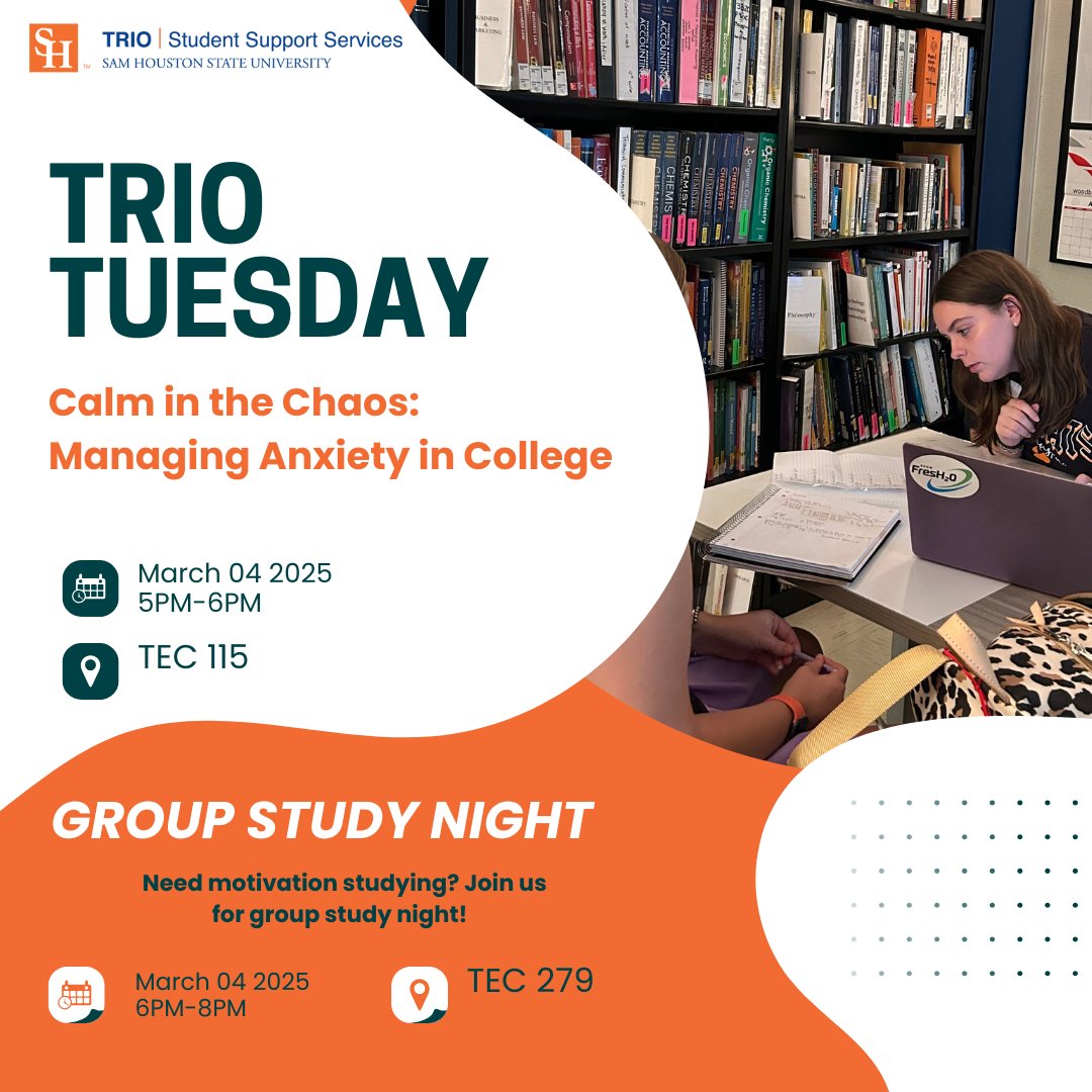 shsutriosss's tweet image. 📚✨ TRIO Tuesday is here! ✨📚
Join us for &quot;Calm in the Chaos: Managing Anxiety in College&quot; 
See you there! 🎉 #TRIOTuesday #CollegeSuccess #StudyNight #TRIOSupport