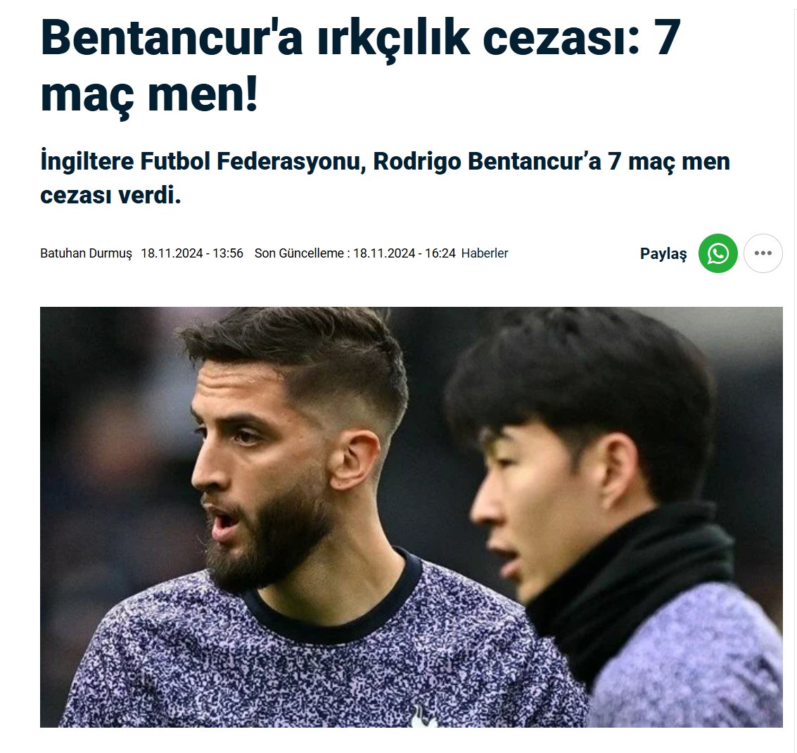 İngiltere Futbol Federasyonu, kendi takım arkadaşına "Korelilerin hepsi birbirine benziyor " dediği için Bentancur'a 7 maç men cezası vermişti. Rakip yedek kulübesine " Maymun gibi" diyen Mourinho'nun kaç maç ceza alacağını merakla bekliyoruz.