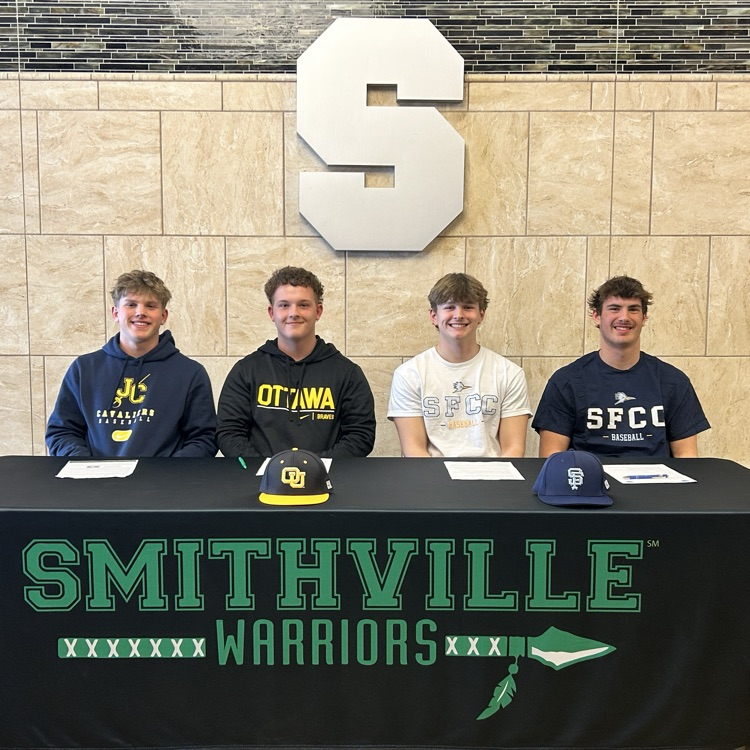 Today we had four wonderful young men sign to play Baseball at the next level! Congrats to Jake Kruse, Drake Odneal, Brady Speer, and Owen Mitchell and thank you for continuing to represent the Smithville Warriors in your collegiate careers!