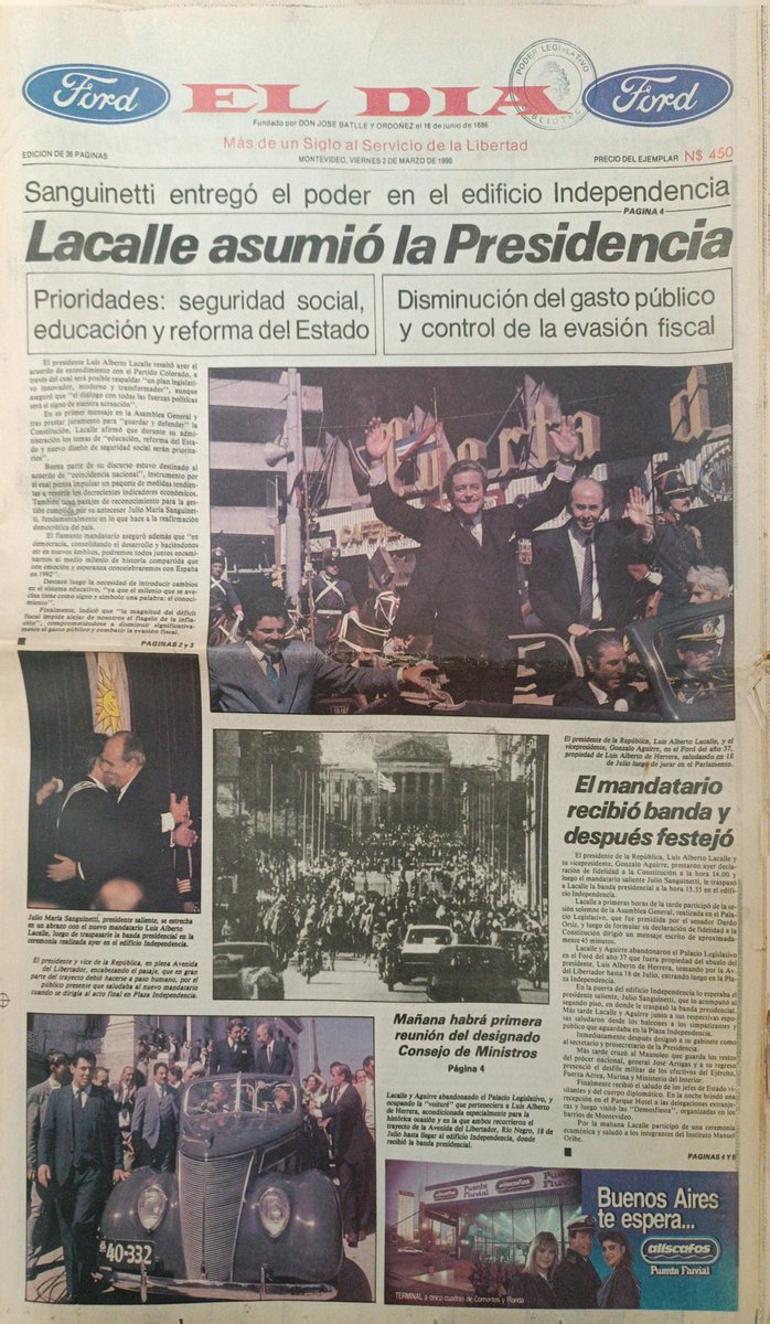 Repasamos traspasos presidenciales en Uruguay🇺🇾:  01-03-1990: <a href="/JMaSanguinetti/">Julio Ma Sanguinetti</a> a Luis Lacalle Herrera  En el palco el actual Presidente, <a href="/LuisLacallePou/">Luis Lacalle Pou</a>