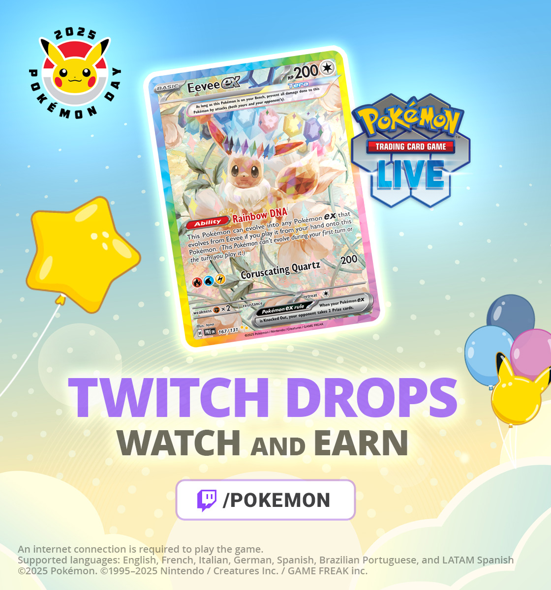 Pokemon's tweet image. Celebrate Pokémon Day by watching on @Twitch!

Tune in to our Twitch Channel during Pokémon Presents to earn a special illustration rare Eevee ex from #PrismaticEvolutions in #PokemonTCGLive!